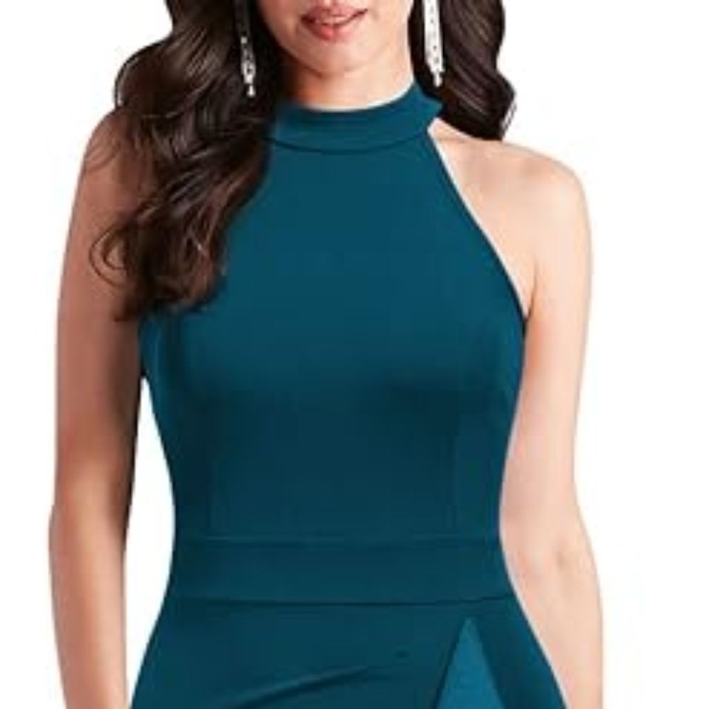 Women's High Neck Split Bodycon Mermaid Evening Party Long Dress - Teal